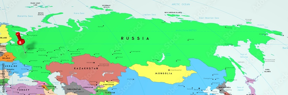 Fototapeta premium Russia, Moscow - capital city, pinned on political map