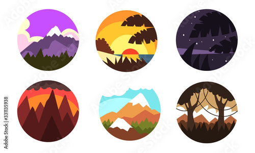 Wild Nature Landscapes in Circles Collection, Mountain and Forest Sceneries at Different Times of Day Vector Illustration