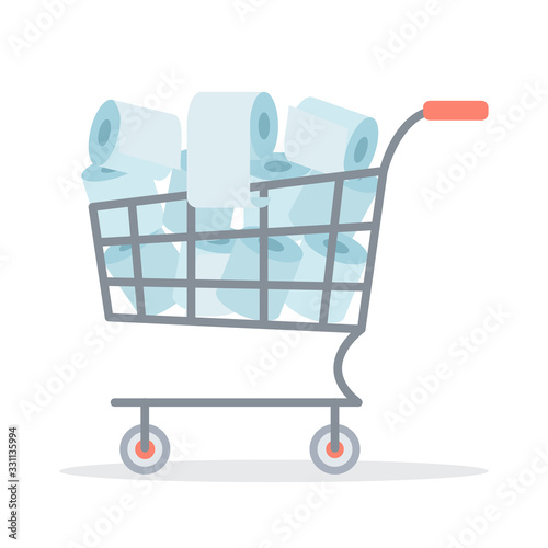 A cart filled with toilet paper. Purchase of toilet paper in stores. Panic because of the coronavirus. Flat vector illustration.
