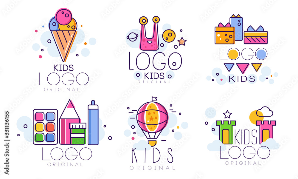 Kids Original Logo Design Collection, Children Education Club, Playground, Zone, Arts Colorful Badges Vector Illustration