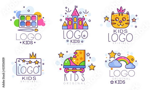 Kids Original Logo Design Collection, Children Education Club, Playground, Zone, Arts Design Element Vector Illustration