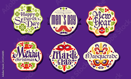 Holiday Stickers Collection, Happy Patrick s Day, Men Day, New Year, Merry Christmas, Mardi Gras, Masquerade Labels Vector Illustration