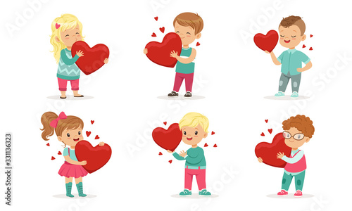 Collection of Cute little Boys and Girls Holding Red Hearts Vector Illustration