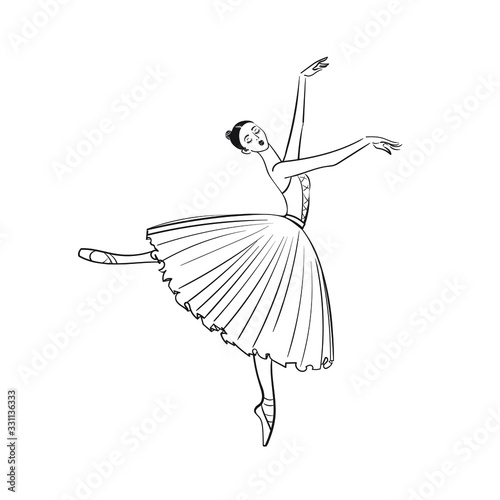 Beautiful ballerina woman against white background.Vector Ballet banner.Line Dancer in an airy skirt,long skirt-tutu.Stock isolated illustration.