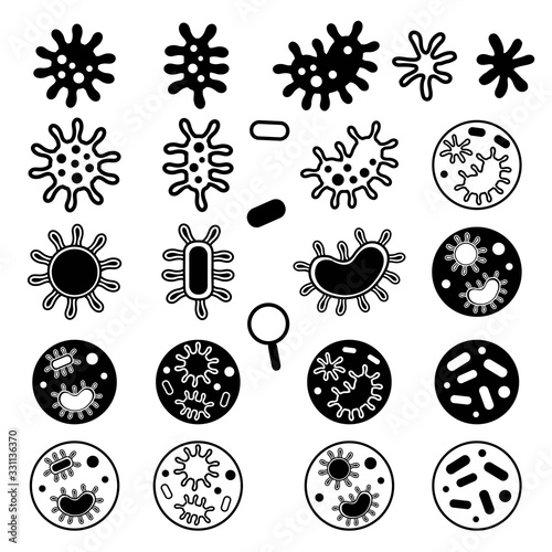 Vector outline set of viruses, bacteria, bacillus icons isolated on white background. Symbols of virology, biology, medical research of viruses, treatment of diseases and the fight against infection.