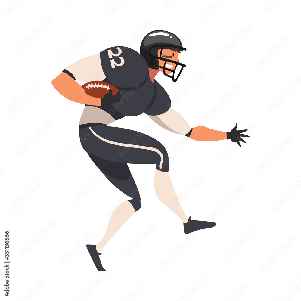 American Football Player Running with Ball, Male Athlete Character in Black Sports Uniform in Action Vector Illustration American Football Player Running with Ball, Male Athlete Character in Black Sports Uniform in Action Vector Illustration