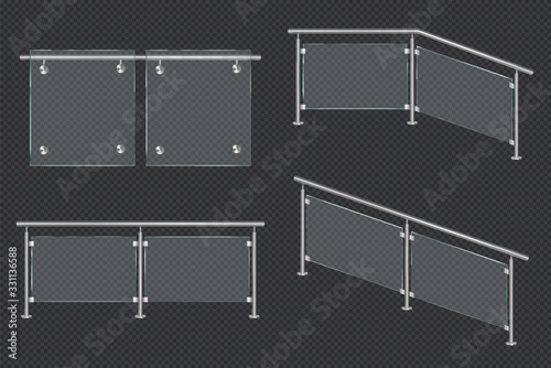 Glass balustrade with iron banister front and angle view. Vector realistic mockup of different sections of clear acrylic fence with metal railing isolated on transparent background