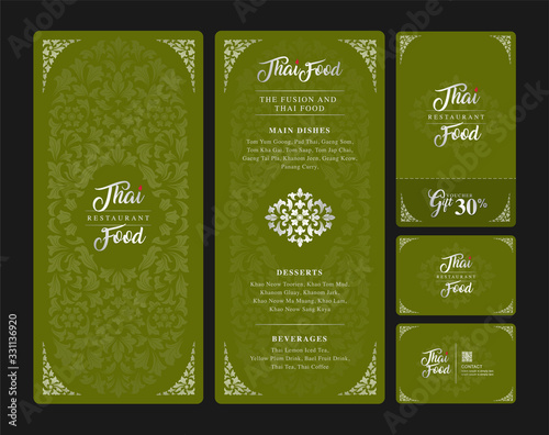 thai food and fusion food restaurant menu, gift voucher and name card design template decoration for printing vector illustration