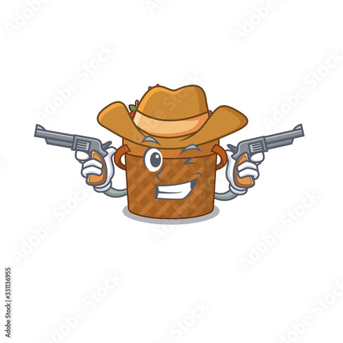 Funny apple Basket as a cowboy cartoon character holding guns