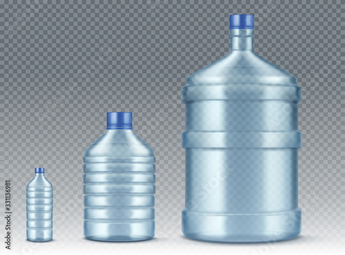 Plastik bottles, small and big for water cooler. Vector realistic mockup of blue plastic packaging for drinking water isolated on transparent background, empty delivery gallon container