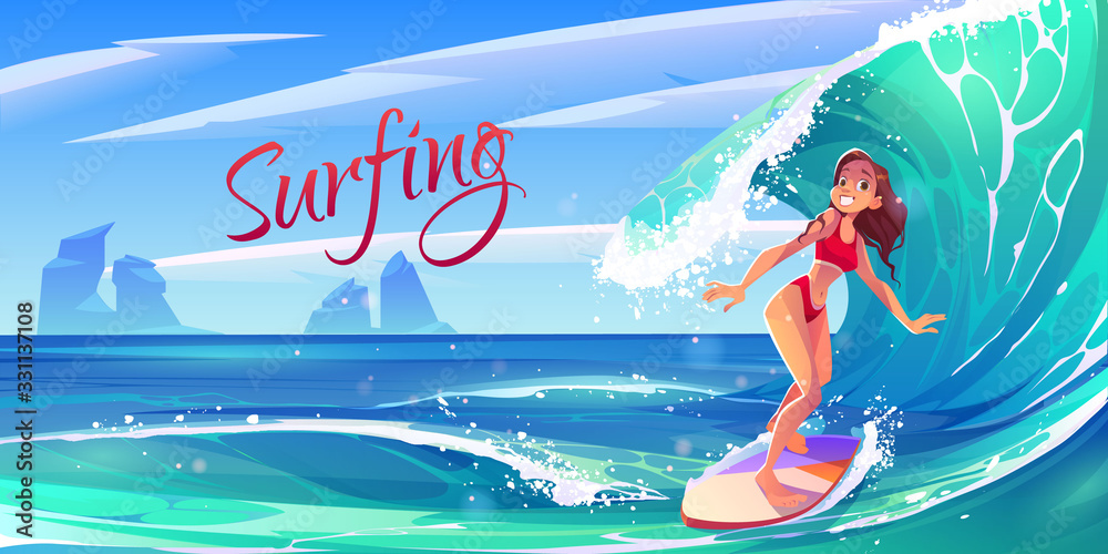 Young surf girl riding ocean wave on board, summer surfing activity, sports recreation, sea leisure hobby. Excited smiling woman in bikini having outdoors fun and adventure Cartoon vector illustration - obrazy, fototapety, plakaty 