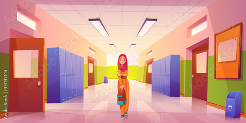 Sad muslim girl in school hallway and teenagers behind her back. Vector cartoon illustration with lonely islamic student with scarf on head. Social communication problem, bullying and racism concept
