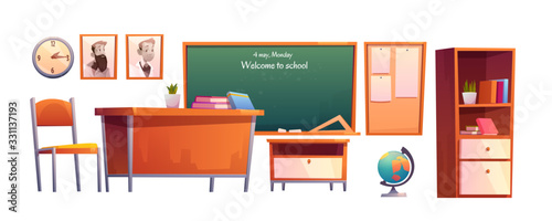 Classroom furniture with inscription Welcome to school on chalkboard. Vector cartoon set illustrations of class interior with globe, books on desk and blanck poster and clock on wall isolated on white