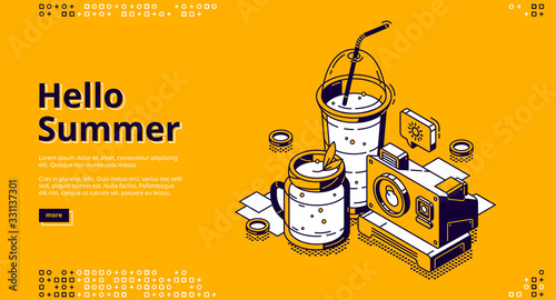 Hello summer isometric landing page. Milkshake cocktail drink in glass jar and plastic cup with straw stand near photo camera on yellow background with shining sun icon, 3d vector line art web banner