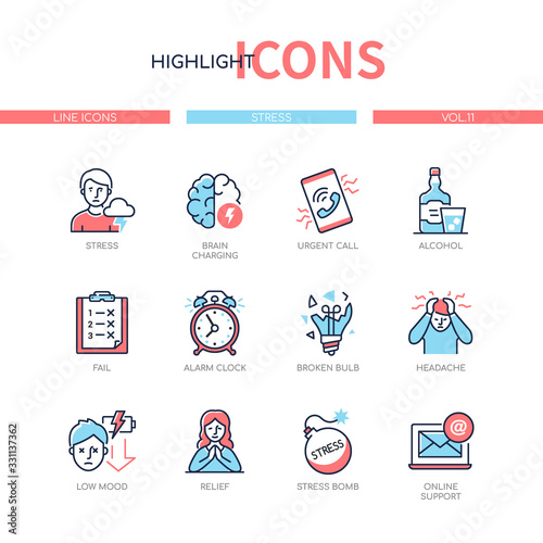 Stress and psychological problems - line design style icons set