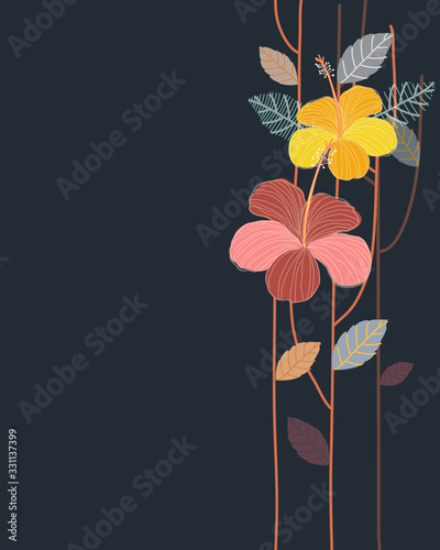 Hand drawn tropical jungle exotic hibiscus flower on dark blue background.  summer floral wallpaper. vector illustration