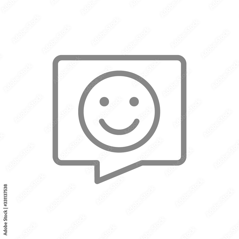 Happy face with speech bubble line icon. Chat, nice talking, positive feedback symbol Happy face with speech bubble line icon. Chat, nice talking, positive feedback symbol