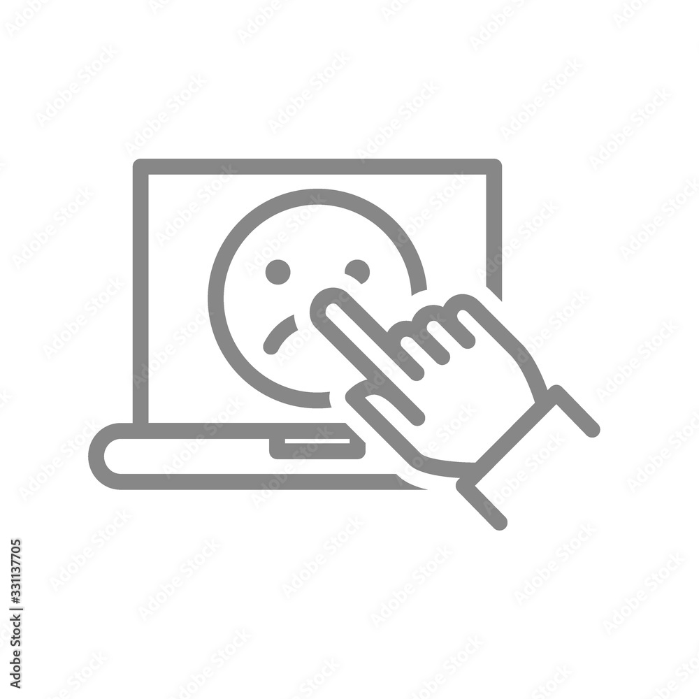 Human chooses laptop a negative face line icon. Sad face on screen, customer dissatisfaction, negative feedback symbol. Human chooses laptop a negative face line icon. Sad face on screen, customer dissatisfaction, negative feedback symbol.