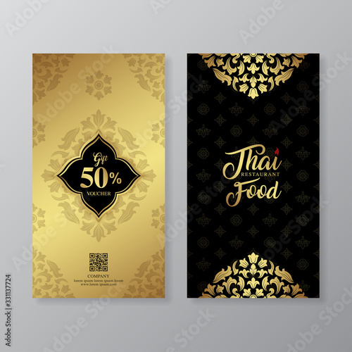 Thai food and thai restaurant luxury gift voucher design template for printing, flyers, poster, web, banner, brochure and card vector illustration