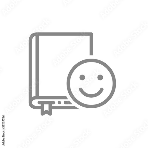 Book with happy face line icon. Good literature, best choise, positive feedback symbol