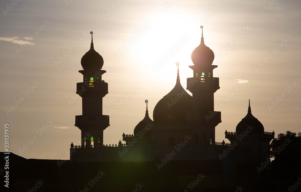 The silhouette of a mosque in Thailand is a religious place.