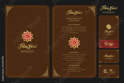 thai food and fusion food restaurant menu, gift voucher and name card design template decoration for printing vector illustration