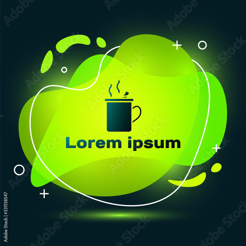 Black Mulled wine with glass of drink and ingredients icon isolated on black background. Cinnamon stick, clove, lemon slice. Abstract banner with liquid shapes. Vector Illustration