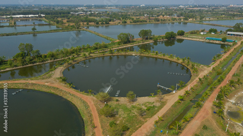 Aerial view from flying drone of Fish pond, fish farm