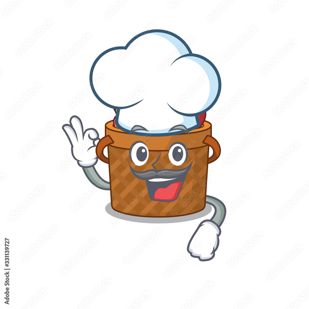 Cute apple basket cartoon character wearing white chef hat Cute apple basket cartoon character wearing white chef hat