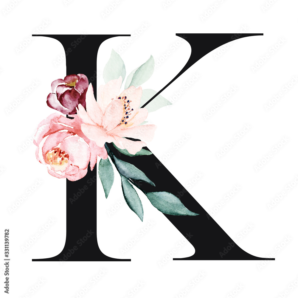 Letter k, floral alphabet, monogram with watercolor flowers roses ...