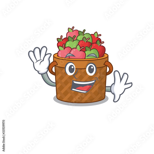 Smiley apple basket cartoon mascot design with waving hand