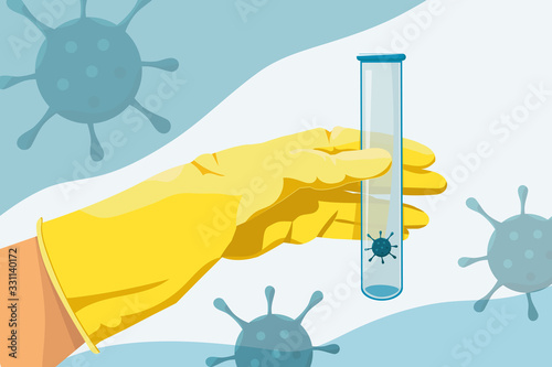 Antiviral vaccine concept, cure for coronavirus. Hand holds a medical test tube with the virus. Vector illustration. Yellow medical glove and protection against the disease.
