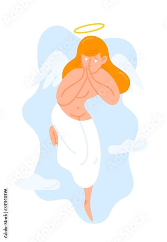 Cartoon creature with wings and nimbus isolated on white background. Colored woman angel from heaven vector flat illustration. God female saint mythology character