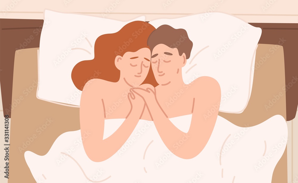 Romantic cartoon couple in bed vector flat illustration. Happy man and  woman hugging feeling love and tenderness after sex. Colorful pair during  intimate or sexual relationship Stock Vector | Adobe Stock