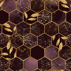 Handdoek met foto Marmeren hexagons patronen Marmer hexagons met gouden blaadjes  © Gribanessa