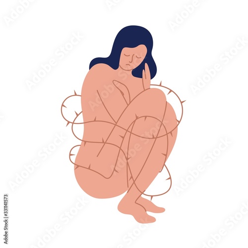 Lonely sad naked woman wrapped by barbed wire isolated on white. Unhappy cartoon female with bare body vector flat illustration. Concept of psychological problems, alienation and protective mechanism