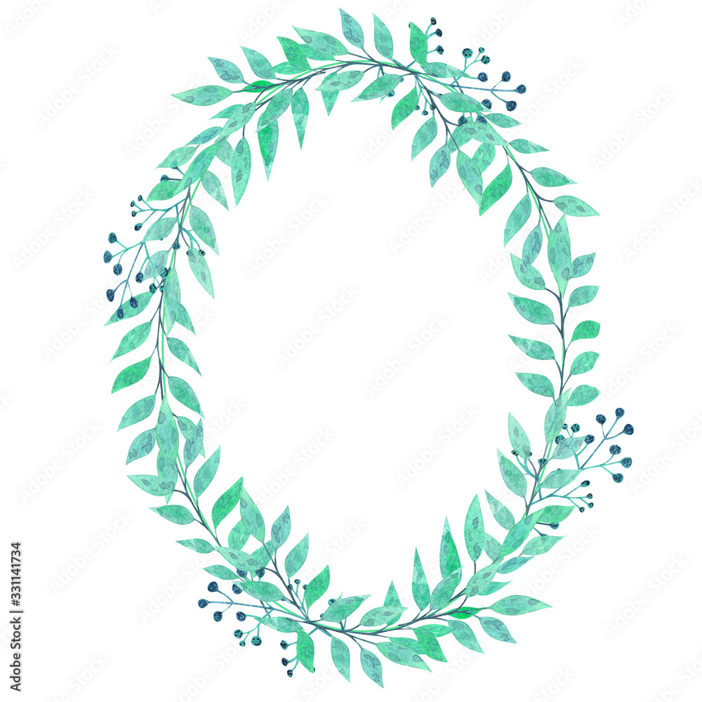 Watercolor oval frame of green leaves on a white background Watercolor oval frame of green leaves on a white background