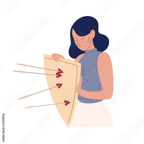Upset cartoon woman with mental disorders hold shield with arrows isolated on white