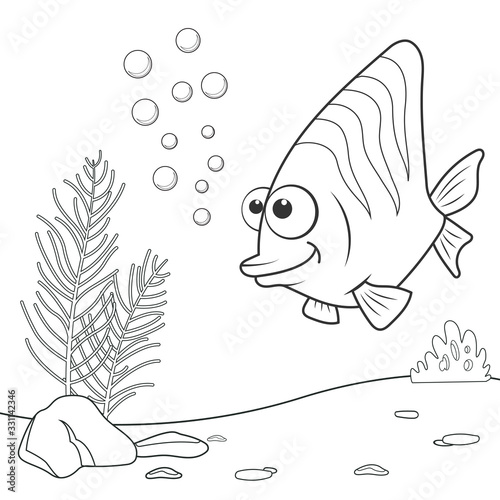 Coloring page outline of cartoon Coral Fish. Page for coloring book of funny fish for kids. Activity colorless picture of cute animals. Anti-stress page for child. Black and white vector illustration.