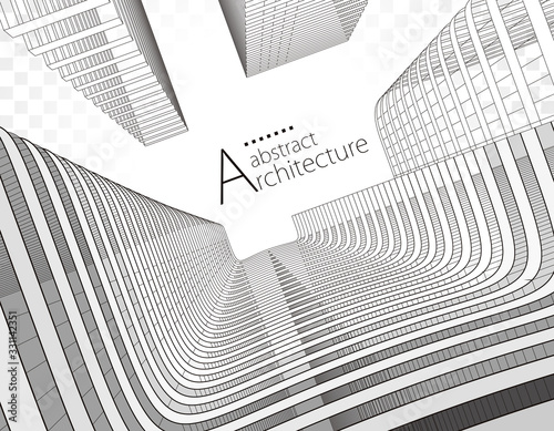Modern Architecture 3D illustration. Architecture building construction perspective line drawing design, underside view urban building abstract background.