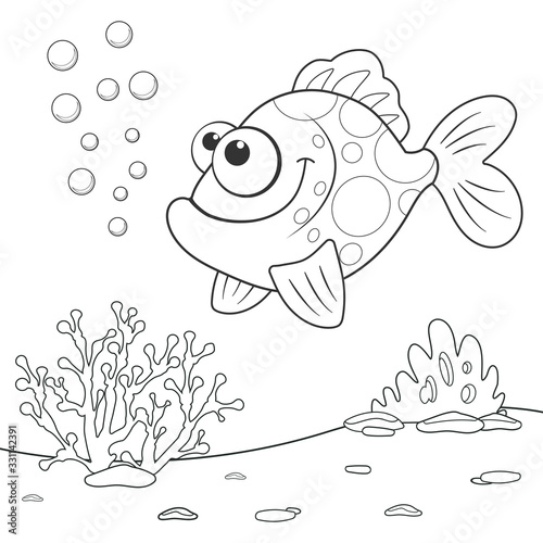 Coloring page outline of cartoon Coral Fish. Page for coloring book of funny fish for kids. Activity colorless picture of cute animals. Anti-stress page for child. Black and white vector illustration.