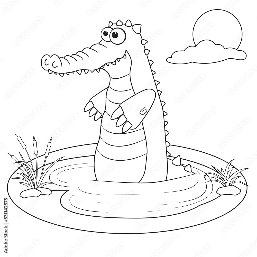 Coloring page outline of cartoon crocodile in lake. Page for coloring book  of funny alligator for kids. Activity colorless picture of cute animals.  Anti-stress page for child. Black and white vector. Stock