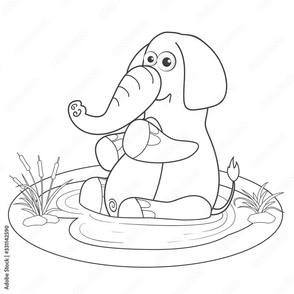 Coloring page outline of cartoon elephant in lake. Page for coloring book  of funny elephant for kids. Activity colorless picture of cute animals.  Anti-stress page for child. Black and white vector. Stock