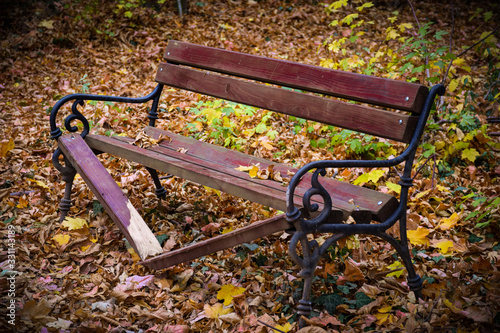 Vandals damaged a bench at a leisure park. Brooken wooden bench, autumn leafs in the background