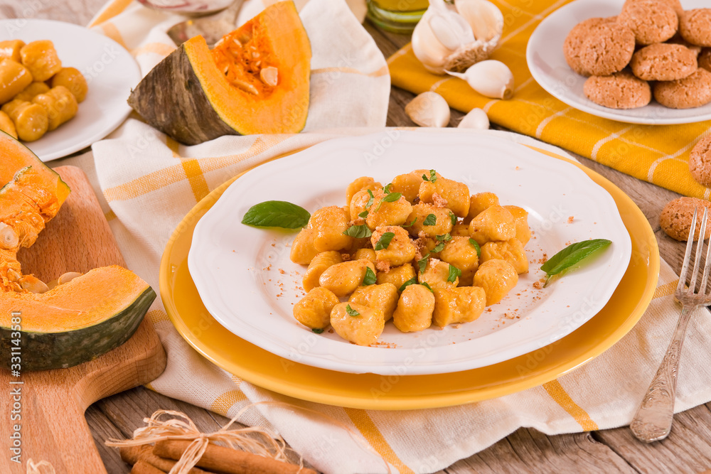 Pumpkin gnocchi with grated amaretti cookies. Pumpkin gnocchi with grated amaretti cookies.