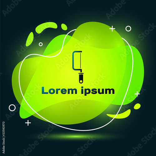 Black Hacksaw icon isolated on black background. Metal saw for wood and metal. Abstract banner with liquid shapes. Vector Illustration