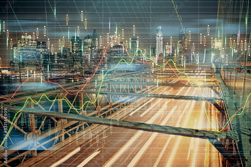 Fototapeta premium Forex chart on cityscape with tall buildings background multi exposure. Financial research concept.