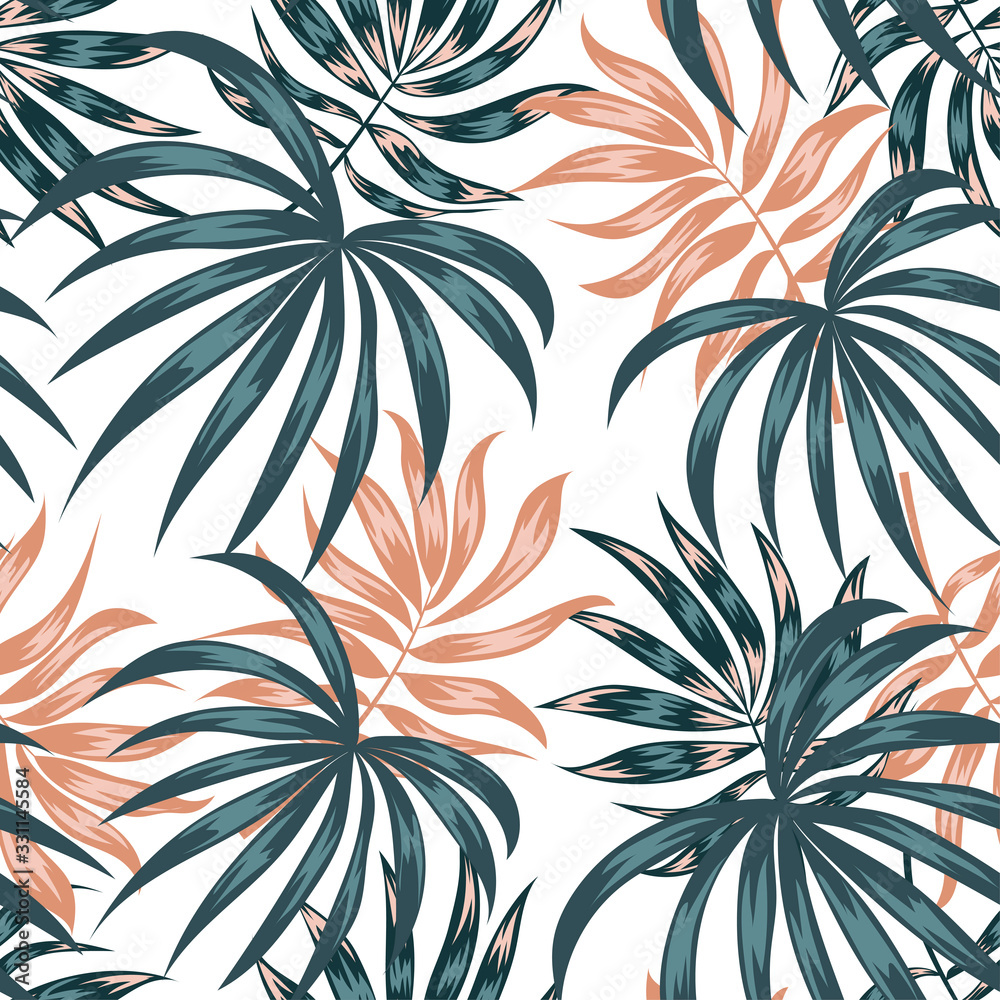 Seamless tropical pattern with plants and leaves on white background. Summer background with exotic leaves. Jungle leaves. Botanical pattern. Vector background for various surface. Seamless tropical pattern with plants and leaves on white background. Summer background with exotic leaves. Jungle leaves. Botanical pattern. Vector background for various surface.