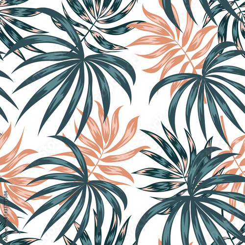 Seamless tropical pattern with plants and leaves on white background. Summer background with exotic leaves. Jungle leaves. Botanical pattern. Vector background for various surface.