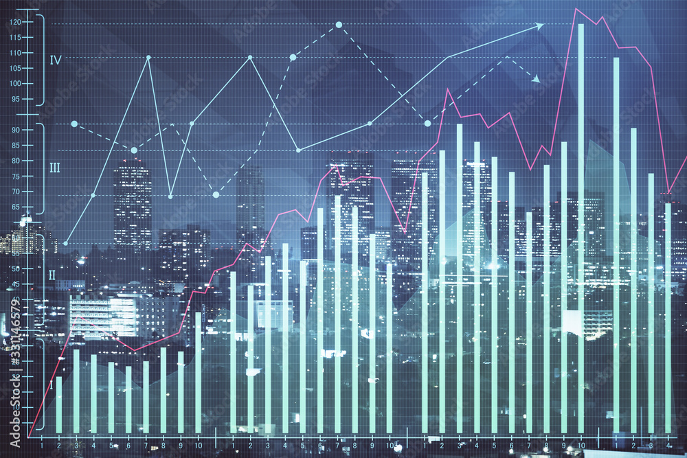 Naklejka premium Financial graph on night city scape with tall buildings background multi exposure. Analysis concept.